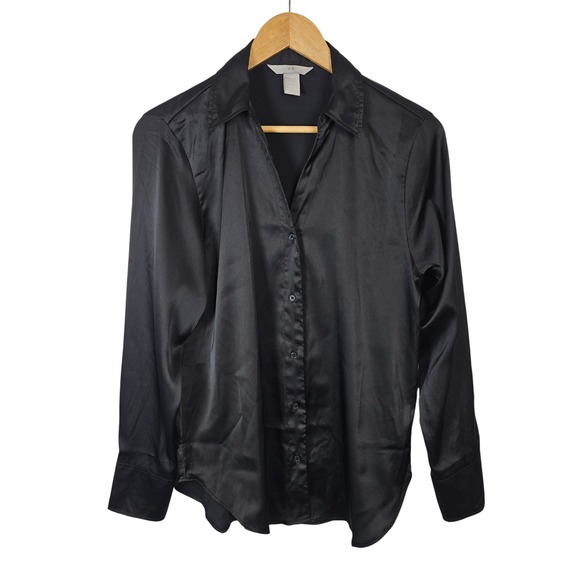 H&M Tops - H&M Womens Black‎ Satin Button Down Shirt Long Sleeve Blouse Size S